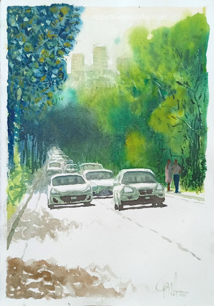 Paisaje urbano con una carretera ocupada por coches y árboles a los lados, ilustración en acuarela.