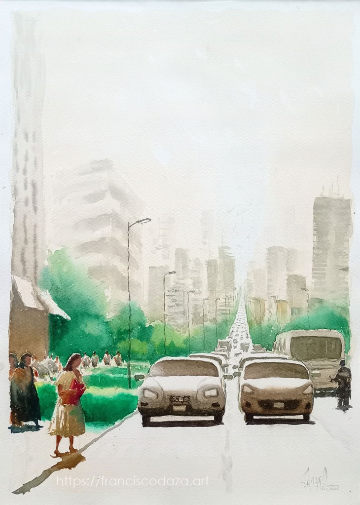 Pintura en acuarela de una calle urbana con edificios altos y tráfico, donde personas caminan por la acera y un paisaje verde se destaca al lado de la carretera.