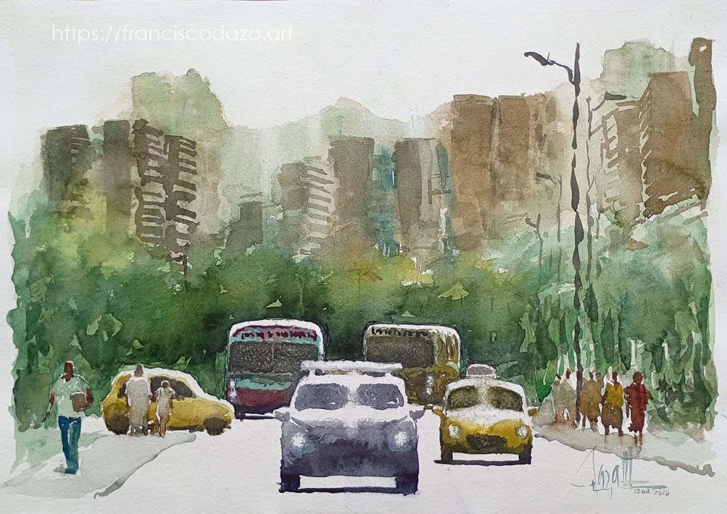 Una pintura al acuarela de una calle urbana con tráfico, incluyendo autos y un autobús, rodeada de edificios altos y vegetación.